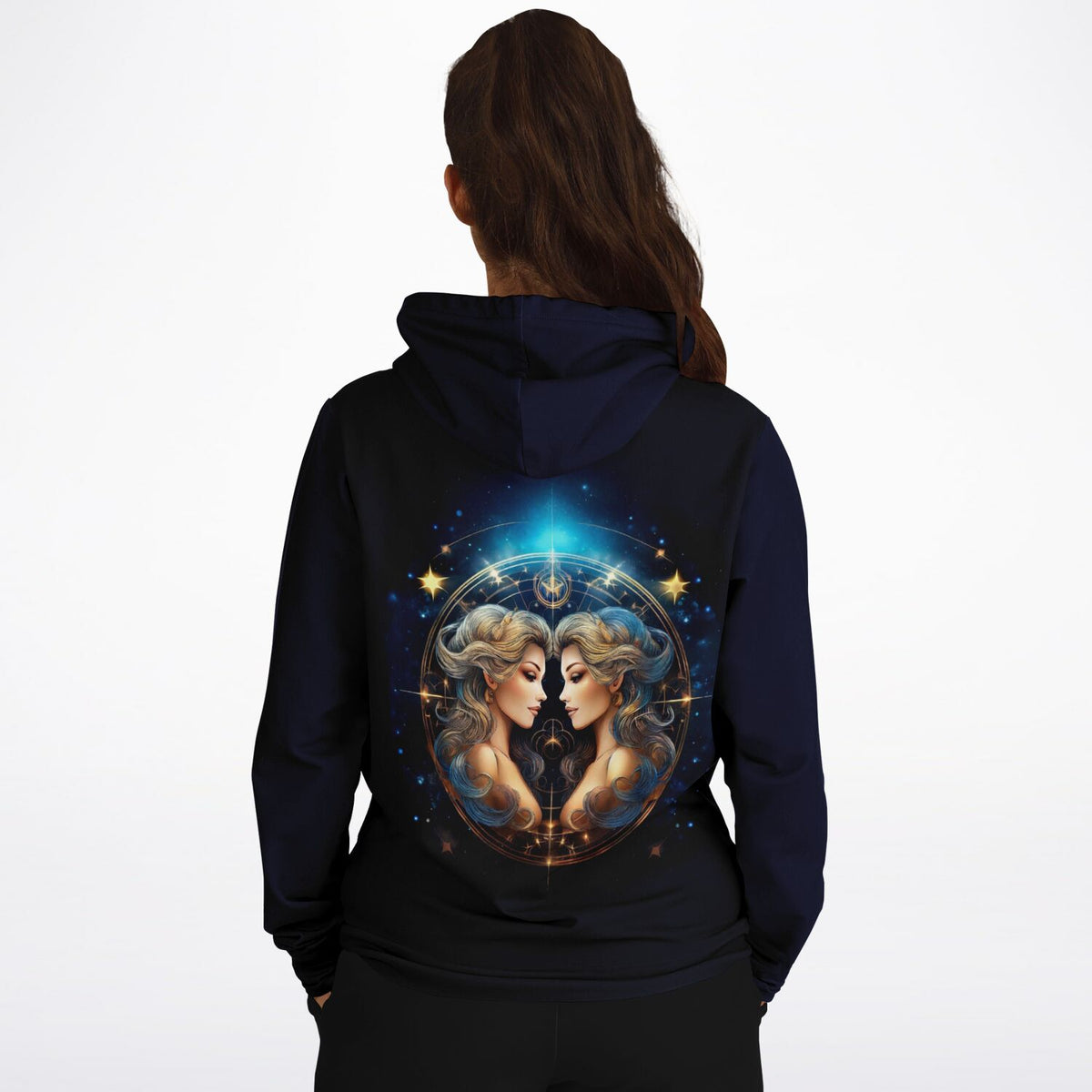 Schwarzer Dreamer Hoodie für Damen mit Sternzeichen Zwillinge Motiv als hochwertiger All-Over-Print Rückenaufdruck