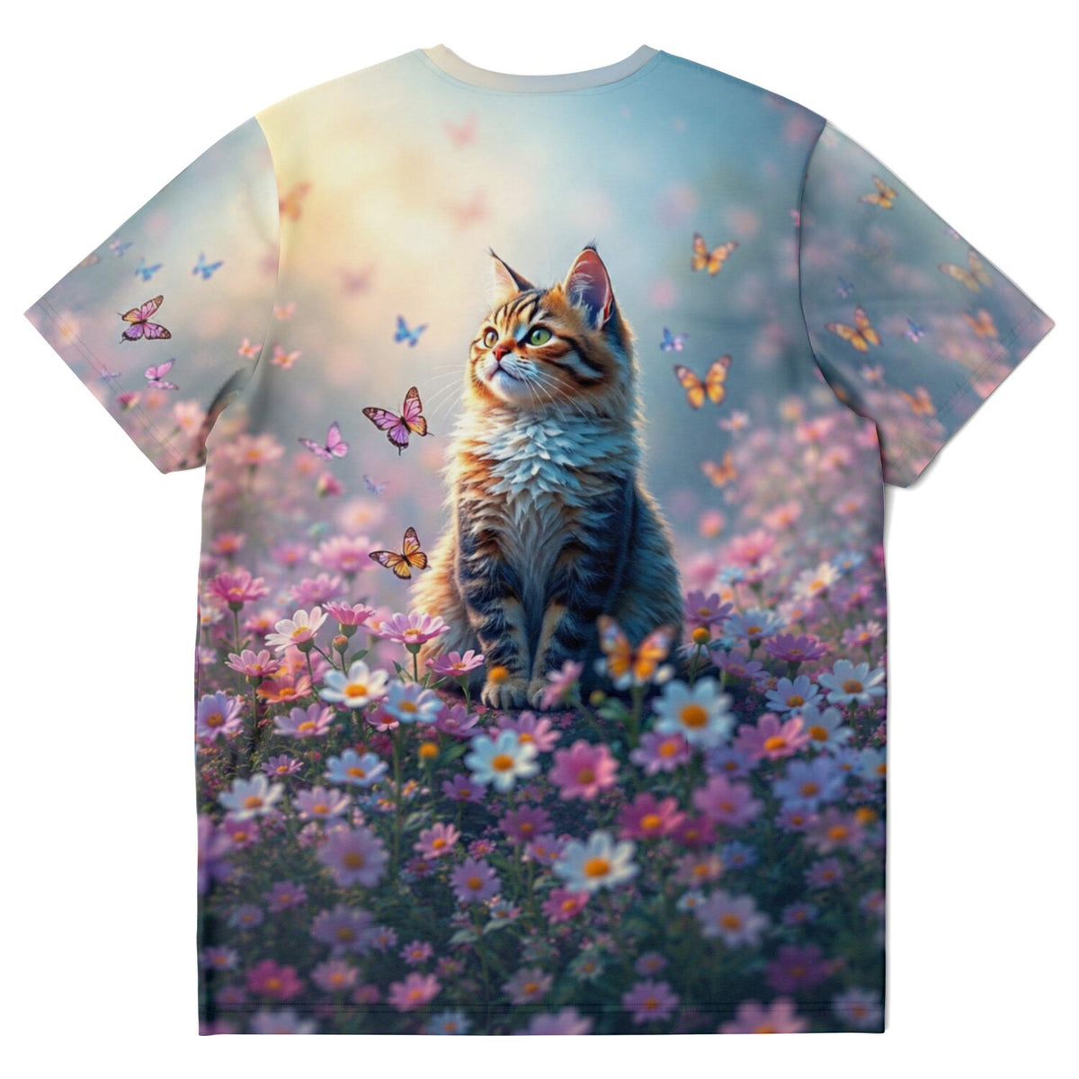 T-Shirt mit Katzen-Motiv in Blumenwiese und Schmetterlingen, passend zu Diamond Painting und Malen nach Zahlen Stilen