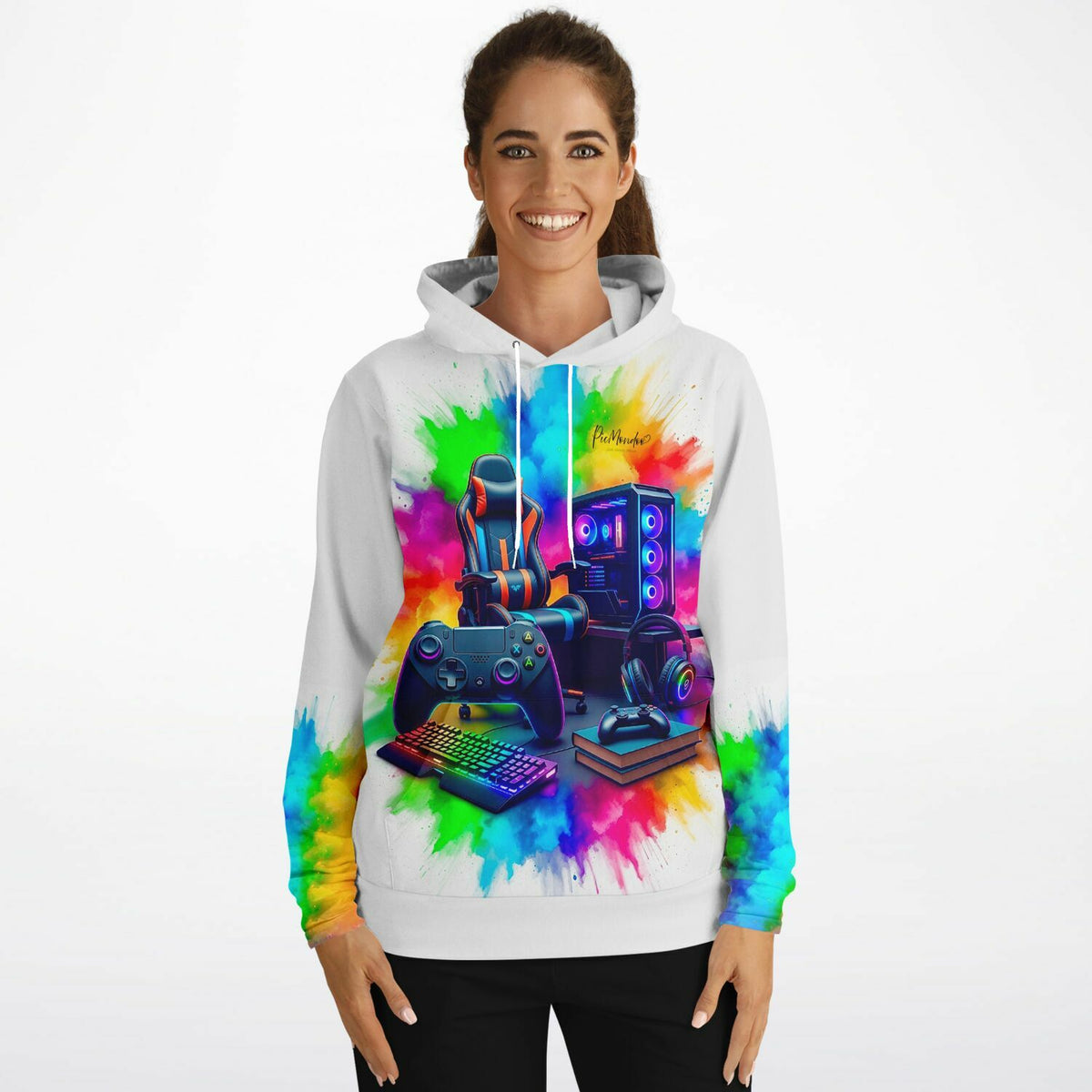 Weißer Hoodie für Gamer mit buntem Gaming Zone Motiv im Diamond Painting Stil und farbenfrohen Splash-Effekten