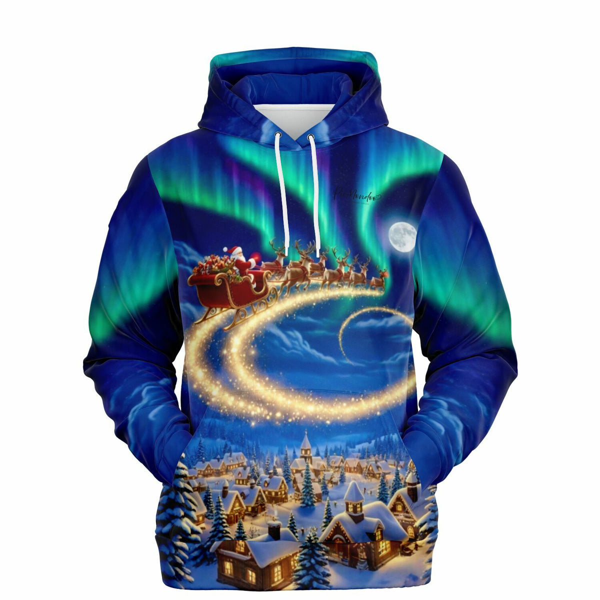 Weihnachts-Hoodie mit fliegendem Weihnachtsmann-Schlitten, Nordlichtern und verschneitem Dorf als festliches Motiv