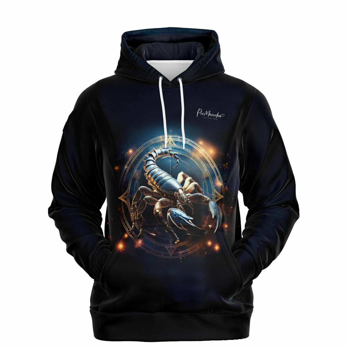 Schwarzer Picmondoo Hoodie mit Skorpion Sternzeichen Motiv und magischem Kreis für Fans von Diamond Painting und Kunst
