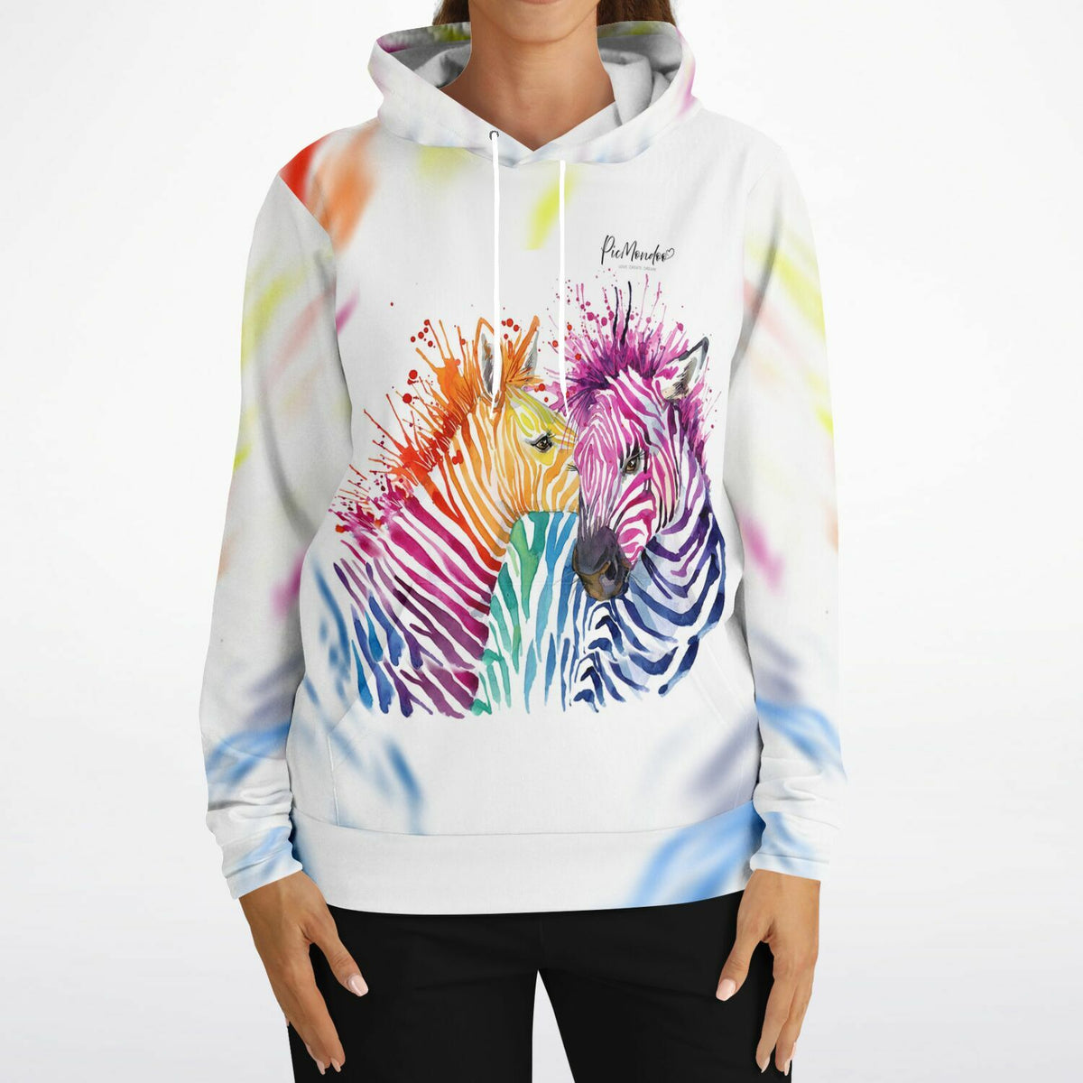 Dreamer Hoodie mit buntem Zebra-Kunstmotiv im Aquarell-Stil, passend zu Diamond Painting und Malen nach Zahlen Designs.