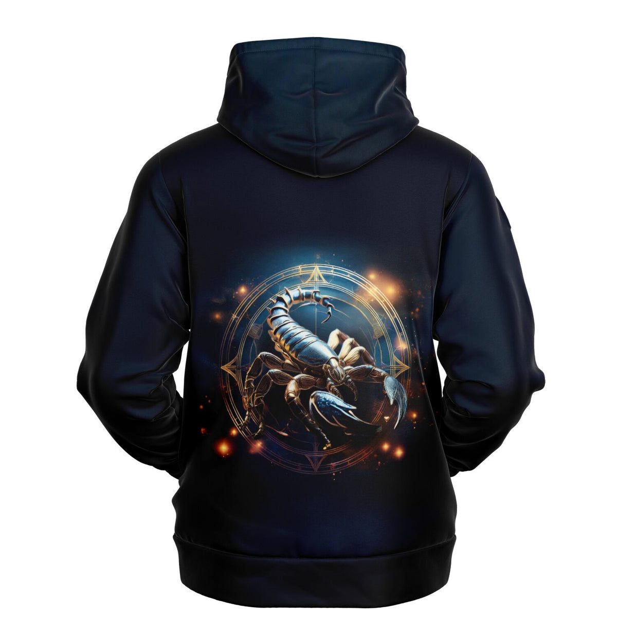 Schwarzer Hoodie mit Sternzeichen Skorpion Motiv, kunstvollem Design und leuchtenden Details für Fans kreativer Mode
