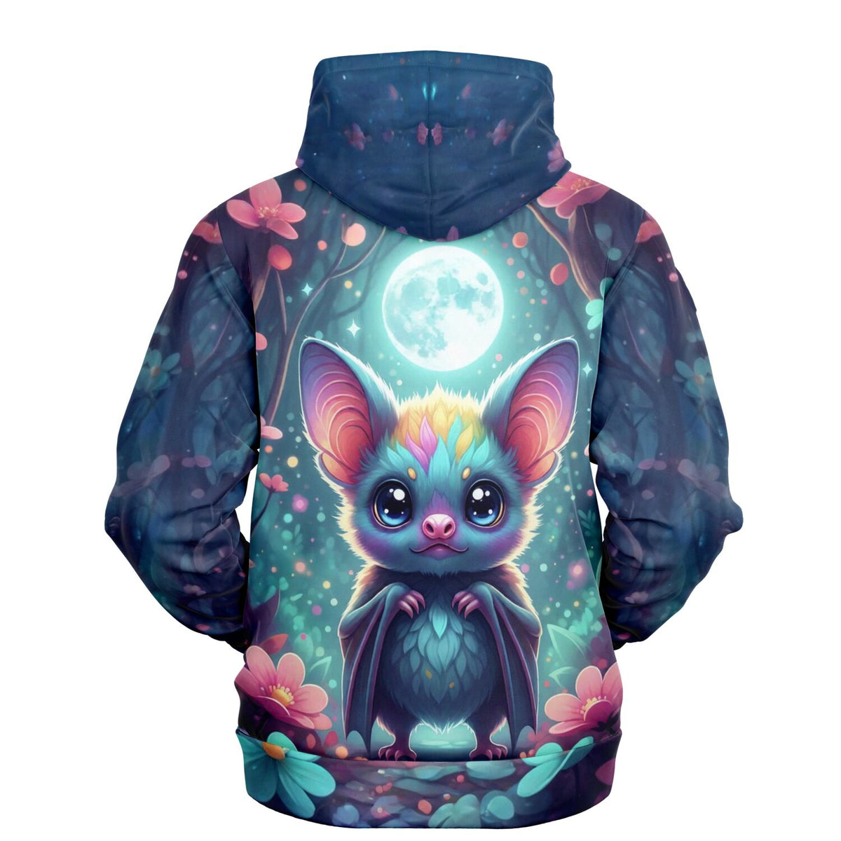 Dreamer Hoodie mit niedlichem Freddy Fledermaus Motiv im magischen Wald bei Vollmond, lebendiges AOP-Design