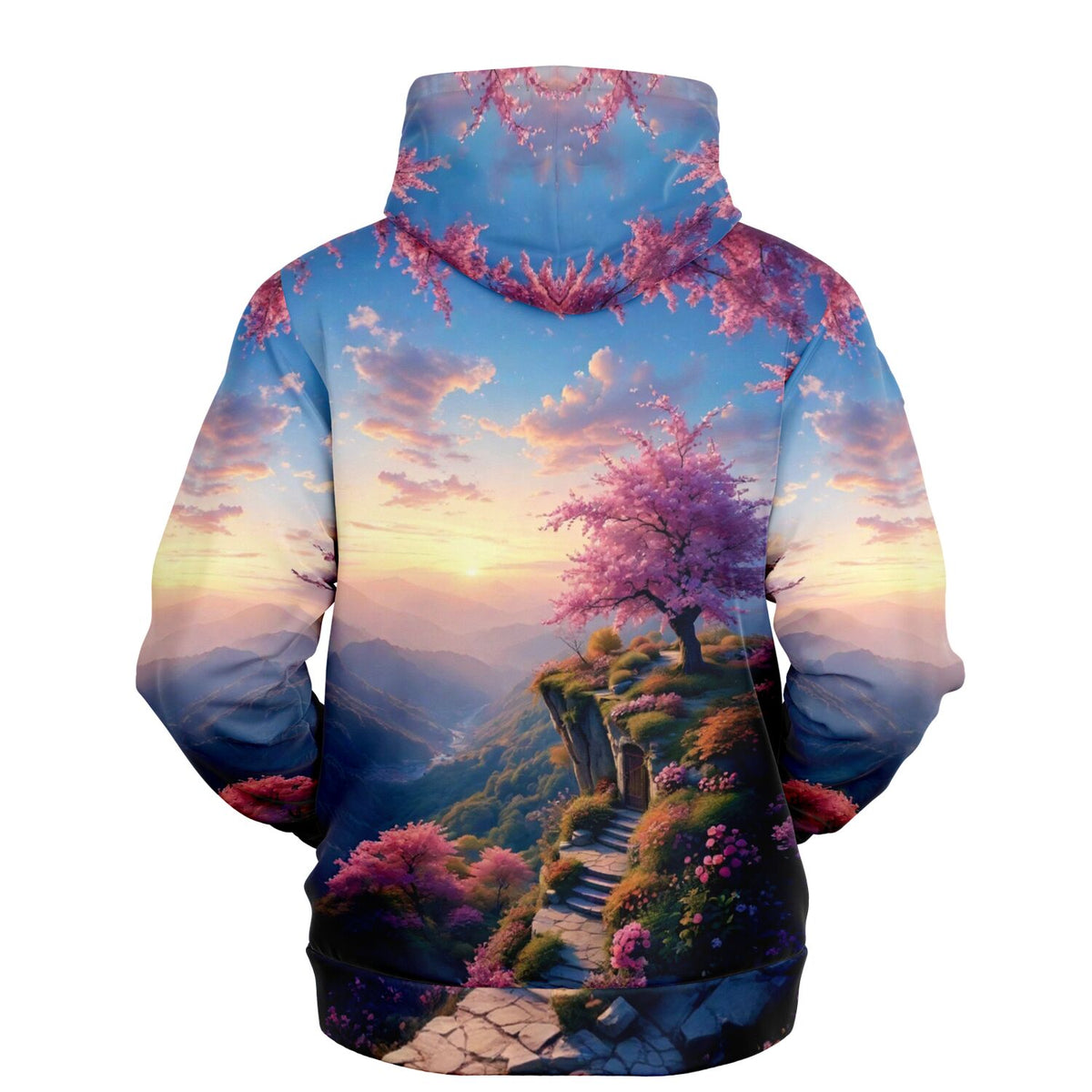 Dreamer Hoodie mit Ganzkörper-Print: Rosa Kirschblütenbaum, Klippen und Berglandschaft bei Morgendämmerung