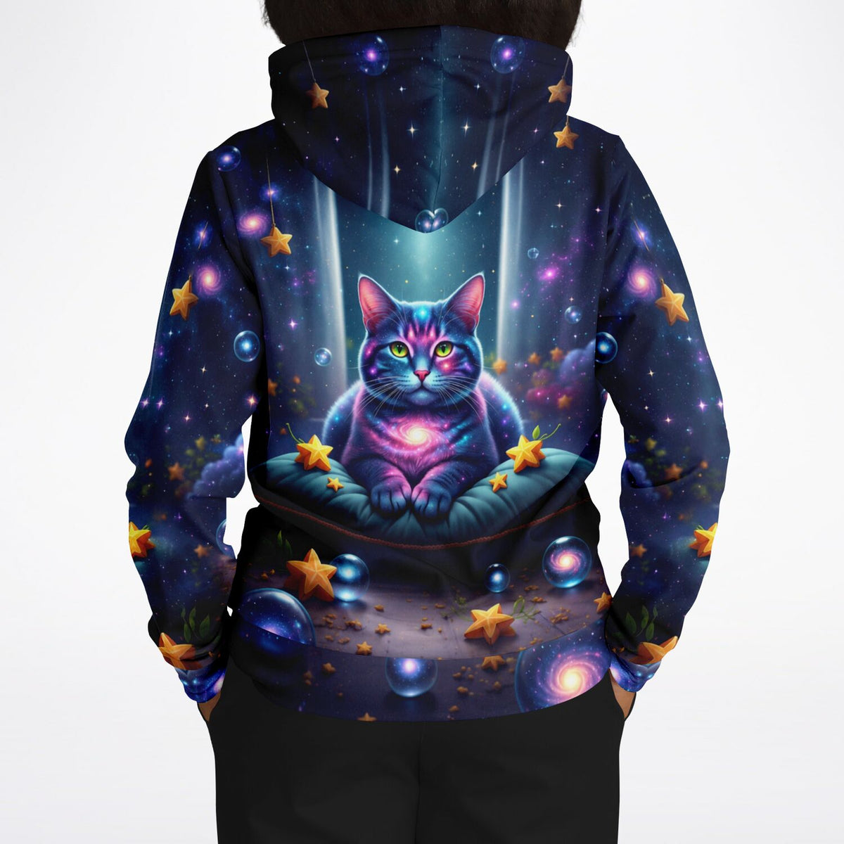 Dreamer Hoodie Wächterin Andromeda mit magischer Weltraum-Katze, Sternen und Galaxie-Print in lebendigen Farben