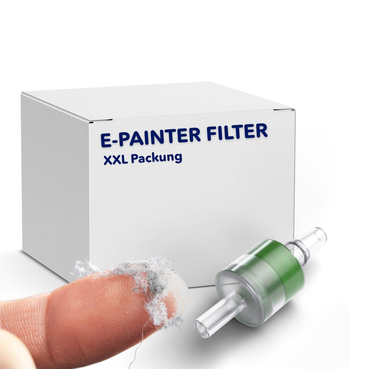 E-Painter Filter 5er Pack für Malen nach Zahlen Zubehör mit schmutzigem Filter und Ersatzpatrone vor weißer Verpackung.