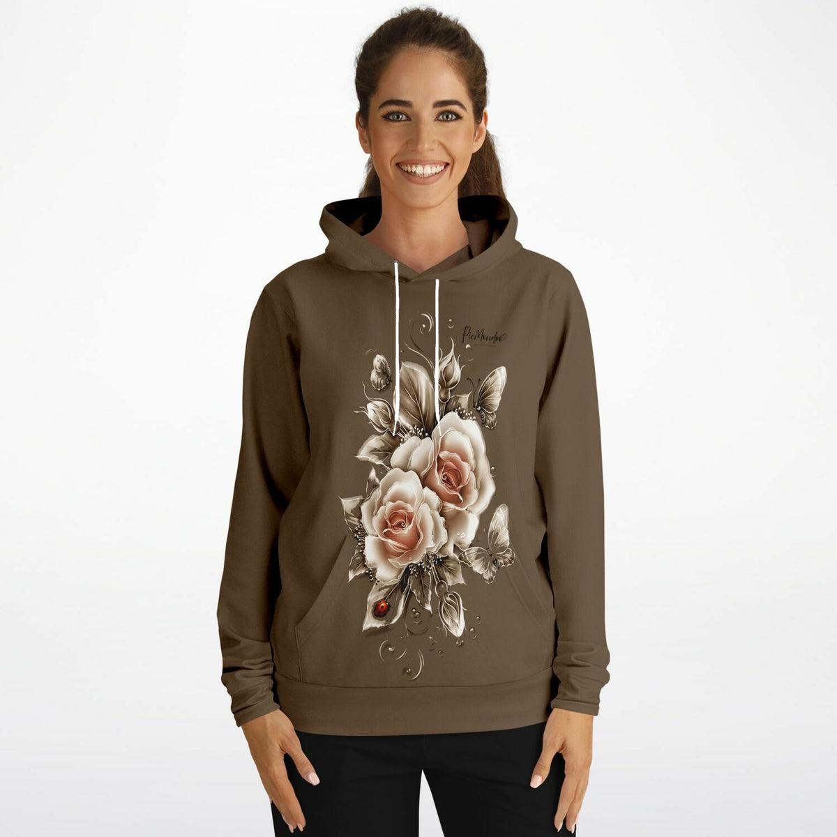 Brauner Dreamer Hoodie mit elegantem Design aus goldenen Rosen und Schmetterlingen für Fans von Malen nach Zahlen Motiven