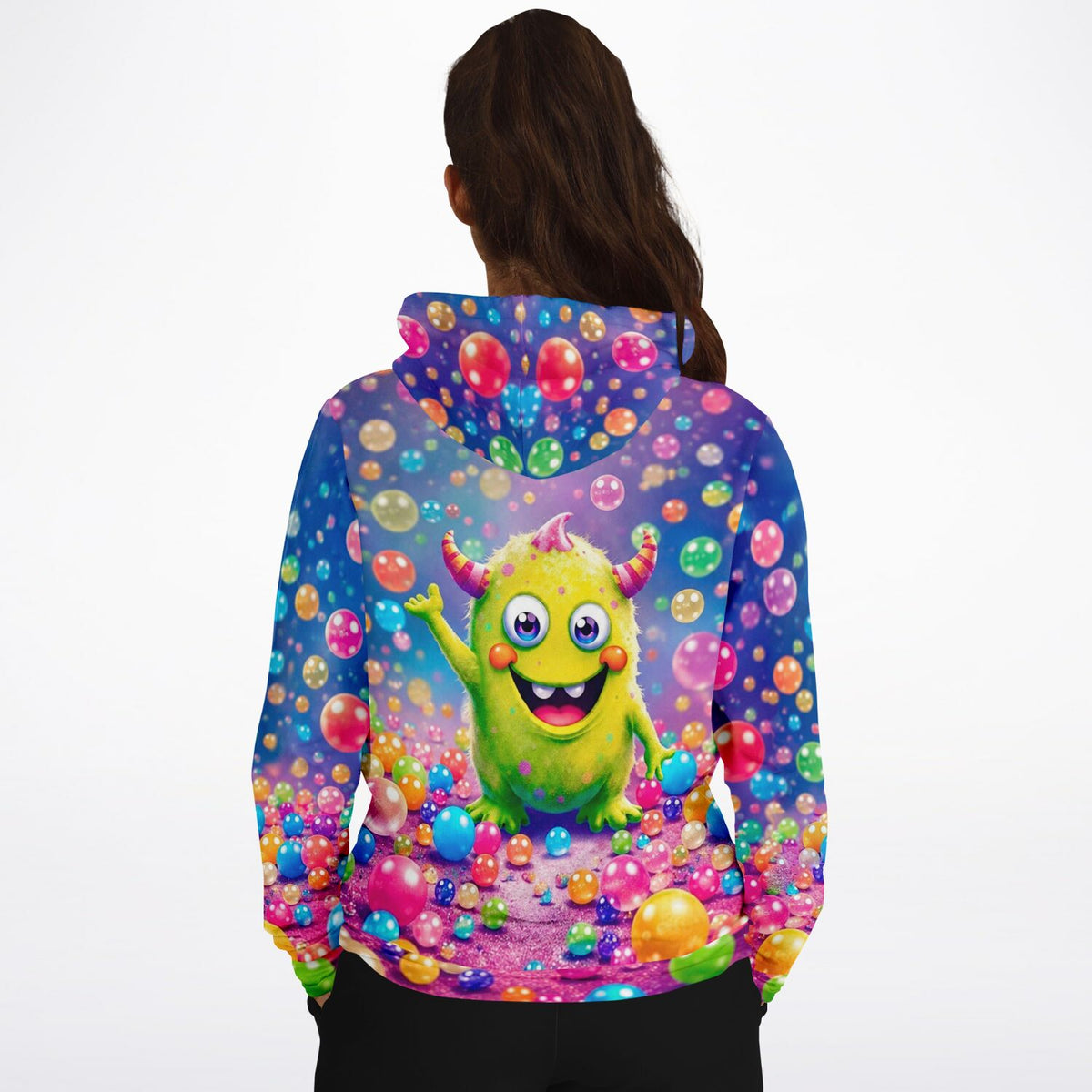 Bunter Dreamer Hoodie mit fröhlichem Monster-Motiv und leuchtenden Farbkugeln im Cartoon-Stil für Erwachsene