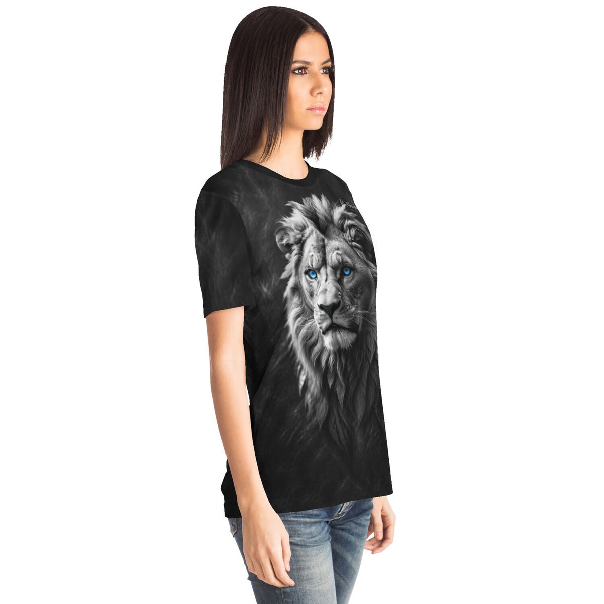 Schwarzes Dreamer T-Shirt mit Löwenkopf-Print und leuchtend blauen Augen für Fans von Diamond Painting und Kunst