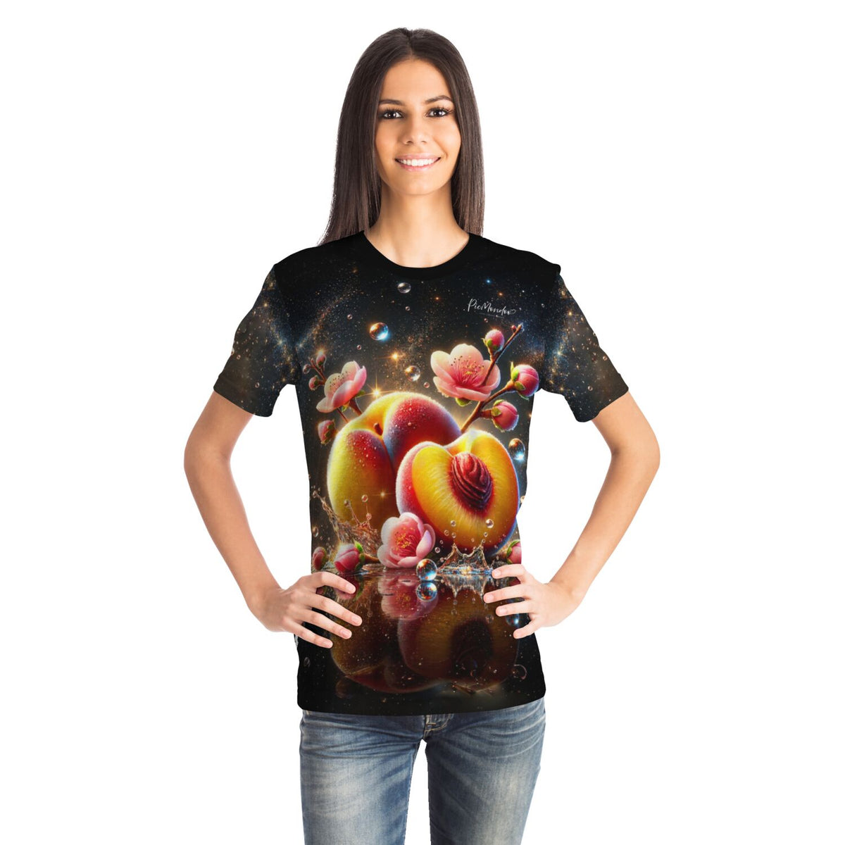Frau trägt Dreamer T-Shirt mit Pfirsich-Motiv, inspiriert von Diamond Painting und Malen nach Zahlen Designs
