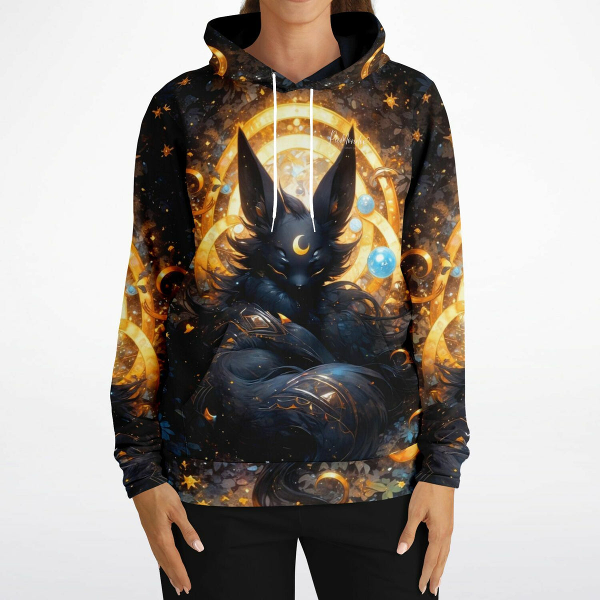 Dreamer Hoodie mit mystischem Nachtwesen Motiv, hochwertiger AOP-Druck in Gold und Schwarz für Fans kreativer Kleidung