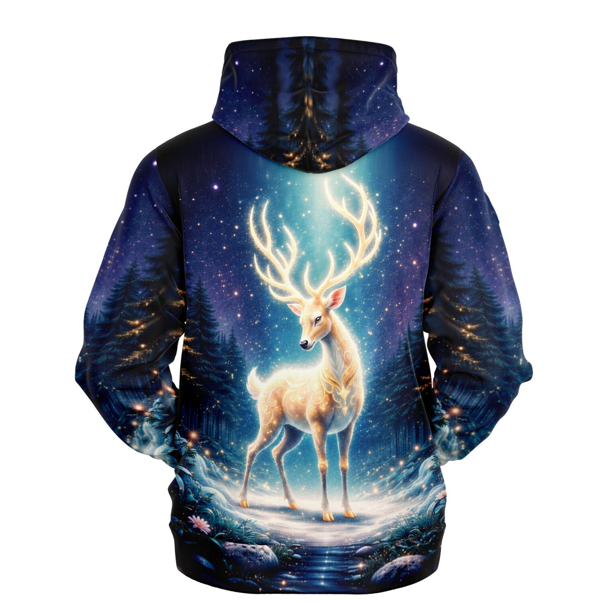 Dreamer Hoodie Herr der Wälder mit leuchtendem Hirsch Motiv im magischen Wald, AOP Druck für Fantasy-Liebhaber
