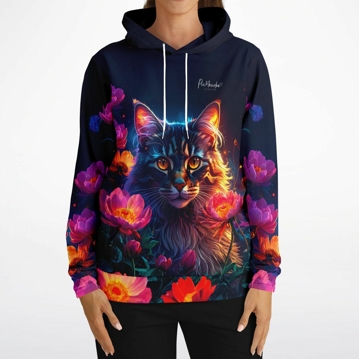 Dreamer Hoodie Hüterin der Nachtblüten mit farbenfroher Katze und Blumen, passend zum Diamond Painting Design-Stil.