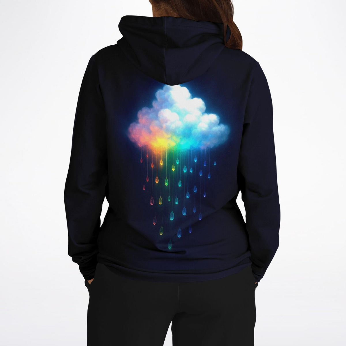 Schwarzer Dreamer Hoodie mit leuchtender Regenbogenwolke und bunten Regentropfen passend zu deinem Diamond Painting Stil