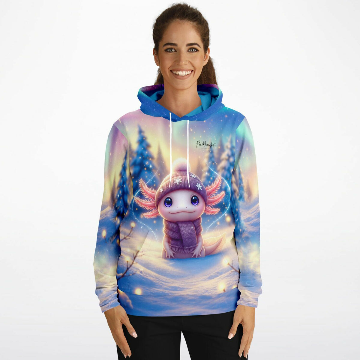 Frau trägt Hoodie mit niedlichem Axolotl Motiv im Winter-Design, passend zu Diamond Painting und Malen nach Zahlen Stil
