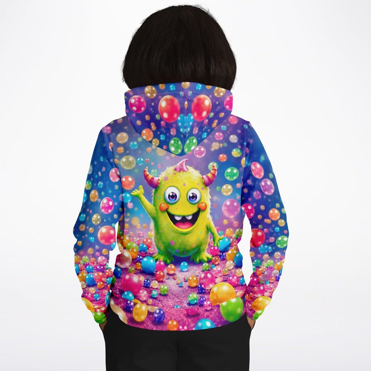 Dreamer Hoodie mit buntem Monster-Motiv und vielen farbenfrohen Luftblasen im Allover-Print