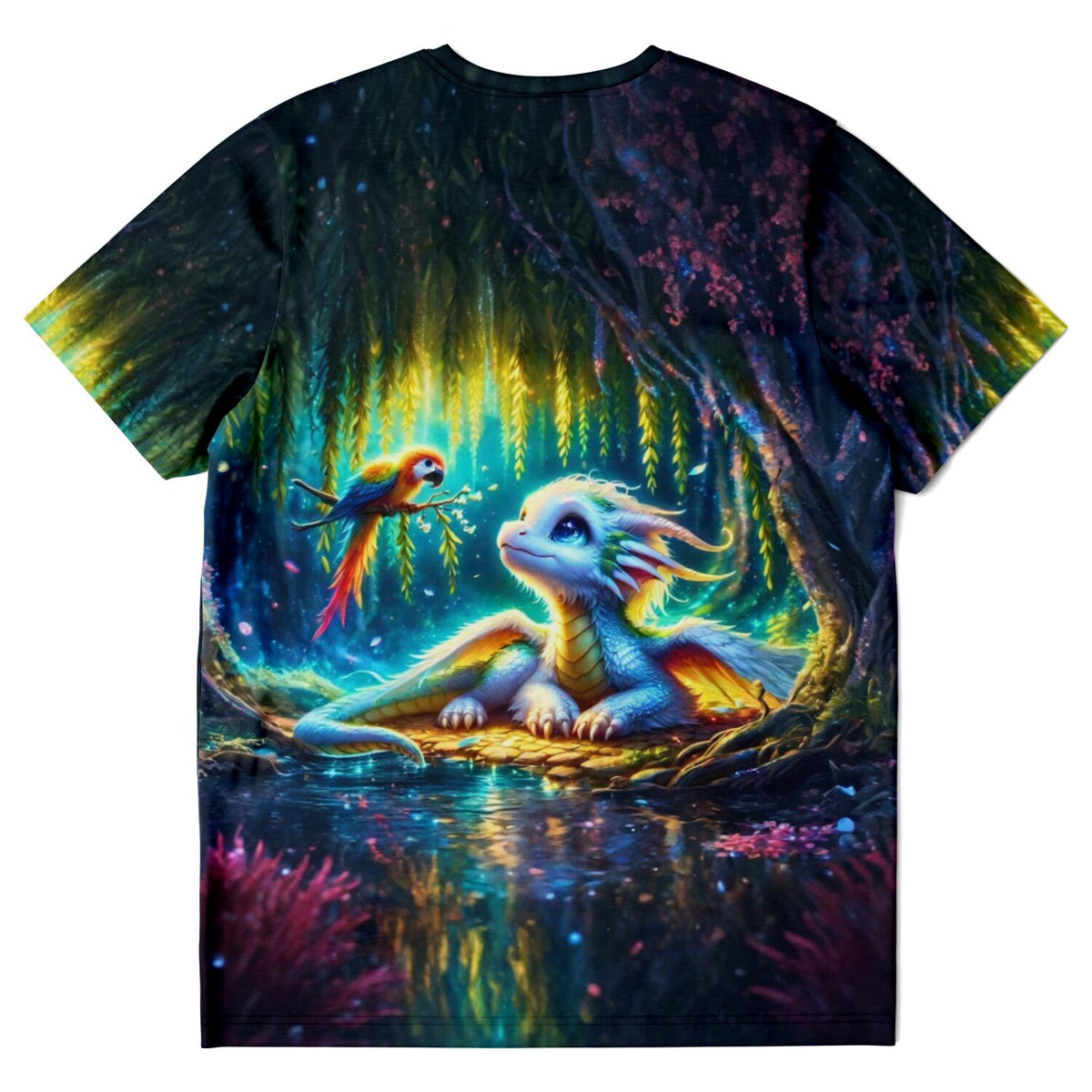 T-Shirt mit Fantasy-Motiv von Drache und Papagei im magischen Wald, inspiriert von Diamond Painting Kunst
