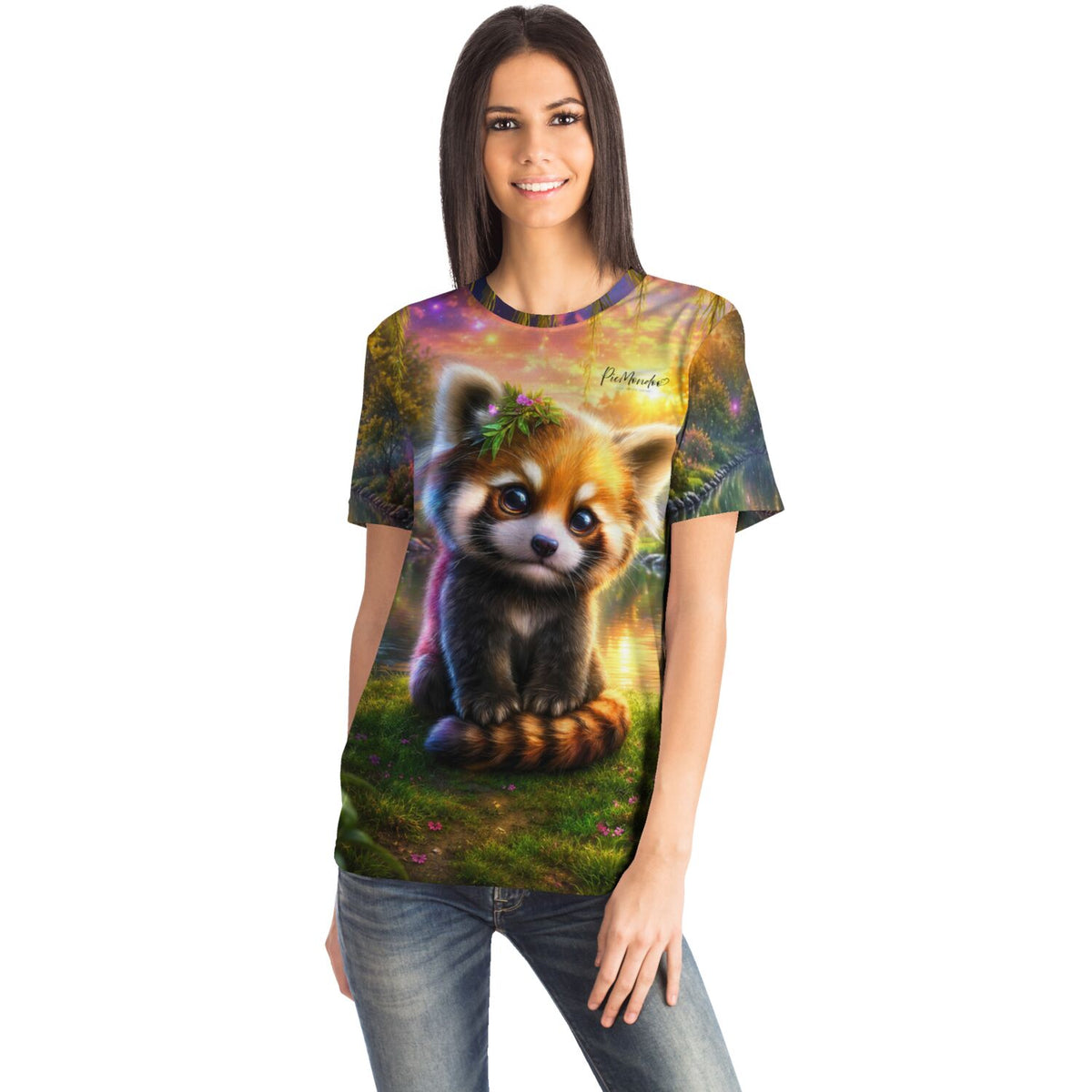 Frau trägt Dreamer T-Shirt mit rotem Panda Motiv, beliebtes Design wie bei unseren Diamond Painting Sets oder Malen nach Zahlen