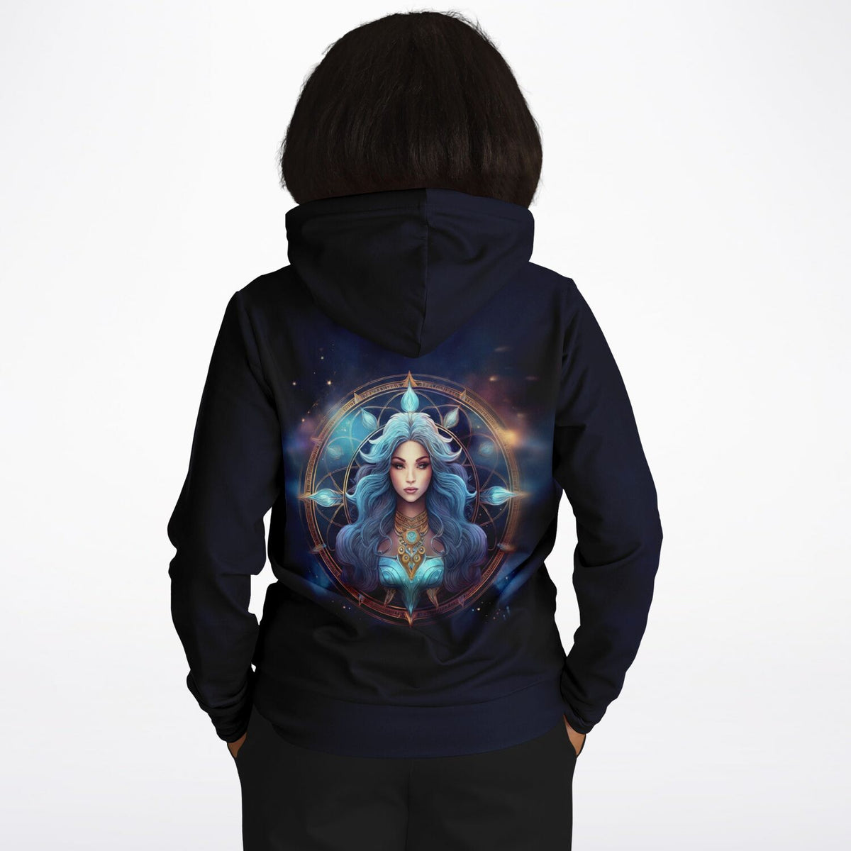 Dreamer Hoodie Sternzeichen Jungfrau Limited Edition mit detailreichem astrologischem Design auf blauem Stoff