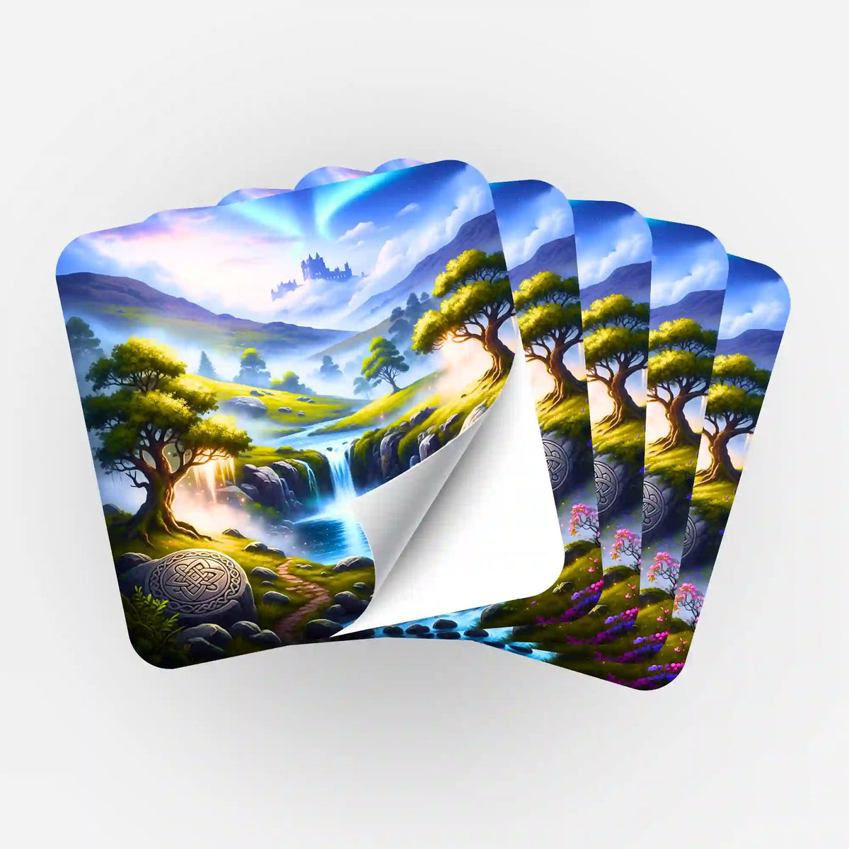 Fächerförmiges 5er-Set Aufkleber mit märchenhafter Tal-Landschaft zur Organisation von Diamond Painting Zubehör.