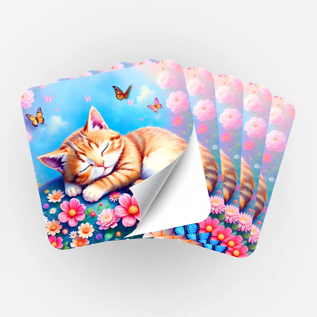 Fünfer-Set Diamond Painting Aufkleber mit schlafendem Kätzchen, Blumen und Schmetterlingen für DIY-Accessoires