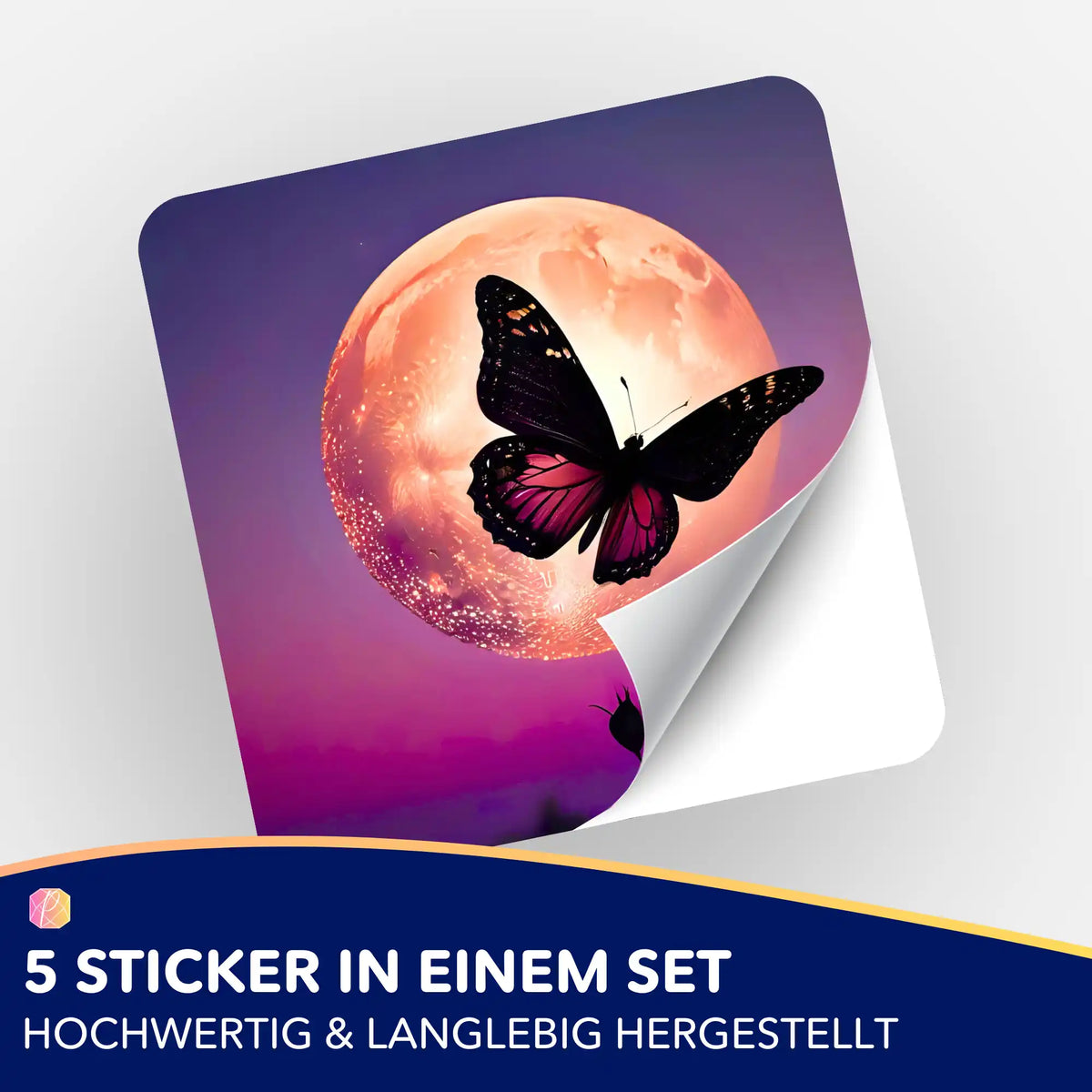 Picmondoo Nightfly Sticker-Set: 5 Aufkleber mit Schmetterling vor Vollmond für Diamond Painting und Bastelbedarf