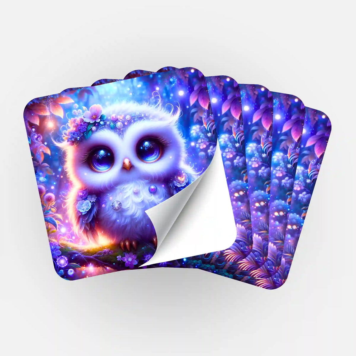 Fünfer-Set Sticker mit Eulen-Motiv für Diamond Painting und Bastelbedarf von Picmondoo in leuchtenden Lila-Tönen