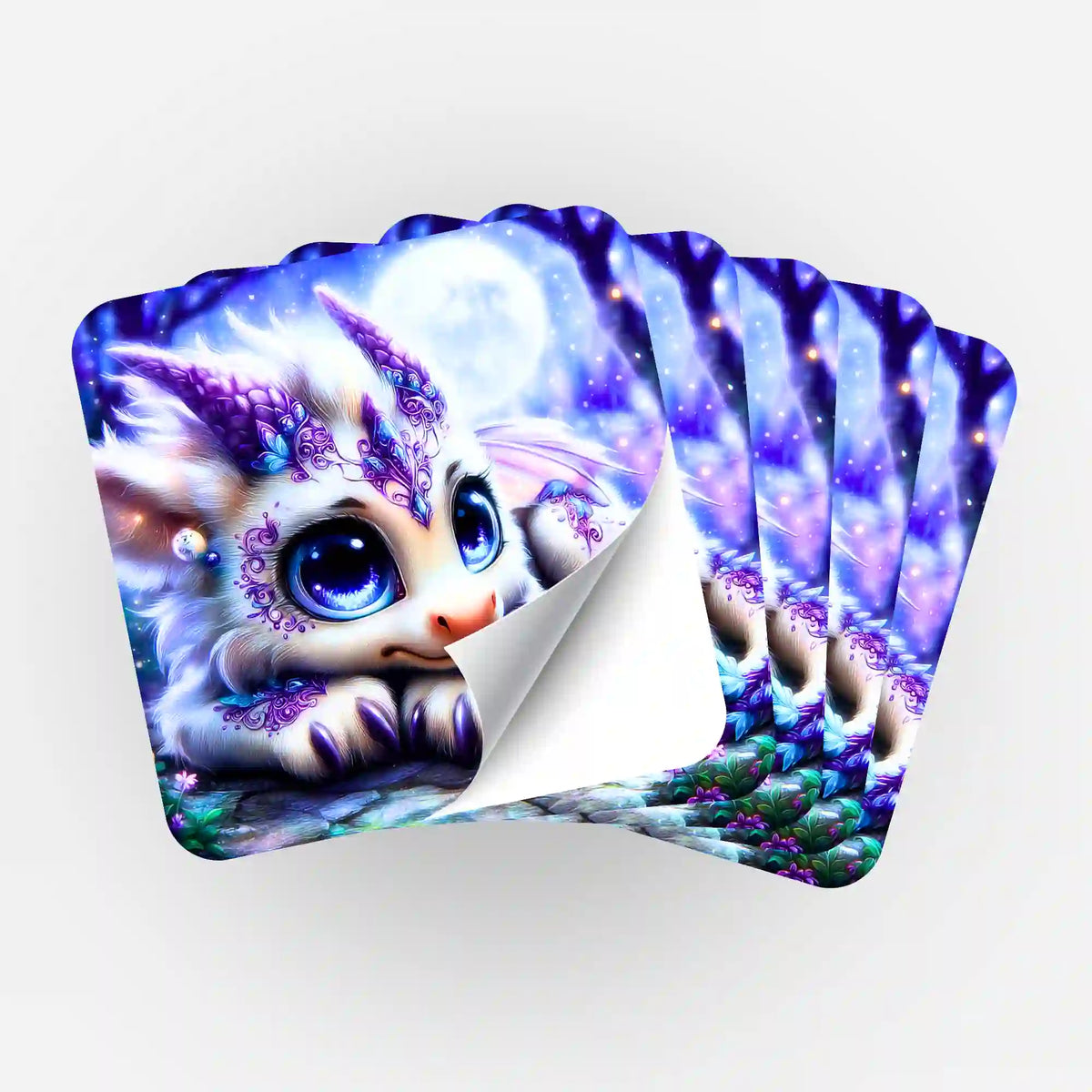 Fünfer-Set Lunaris Aufkleber für Diamond Painting Fans mit niedlichem Drachenmotiv in Blau- und Violetttönen.