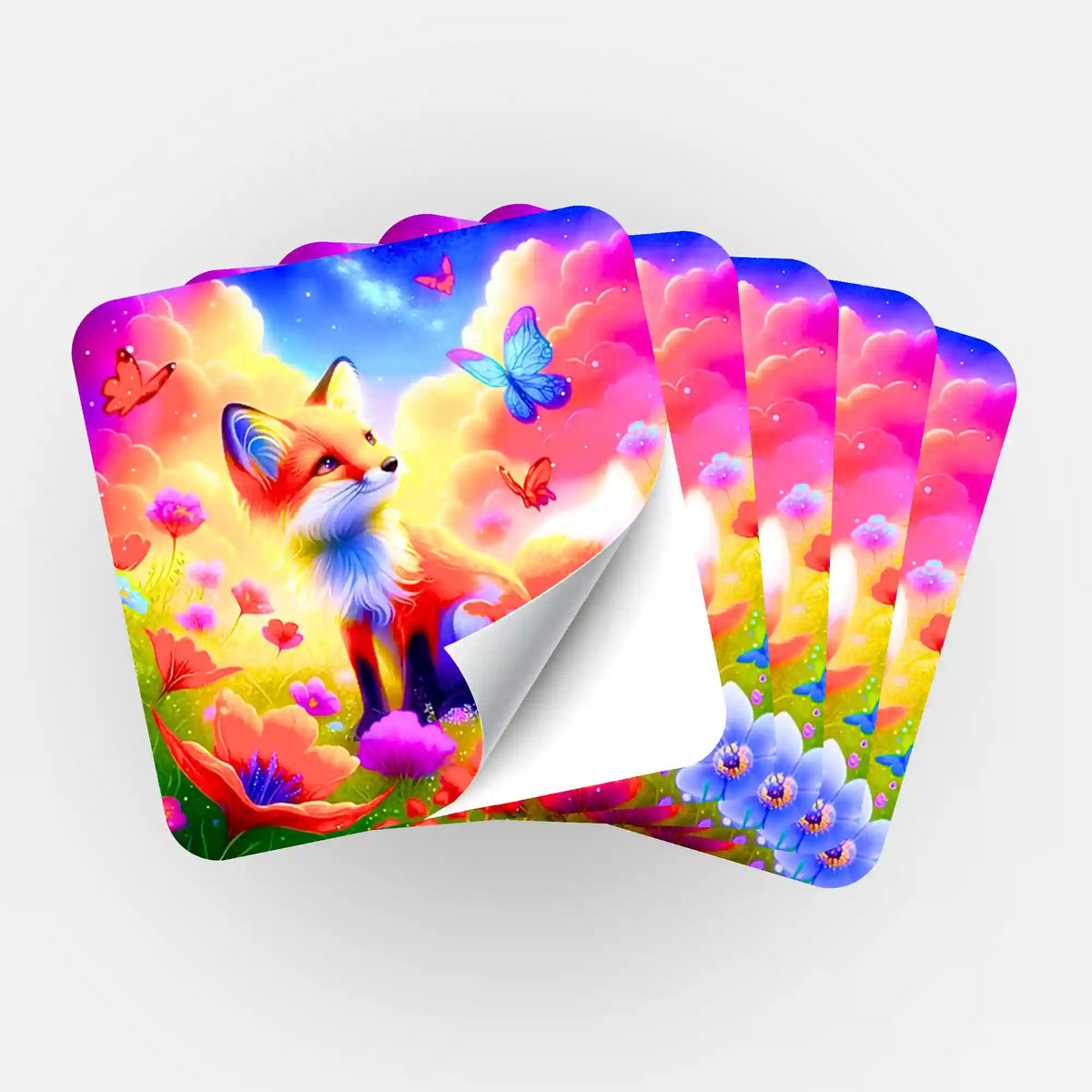 Fünfer-Set Diamond Painting Aufkleber mit Motiv kleiner Fuchs im Zauberland, bunte Blumen und Schmetterlinge