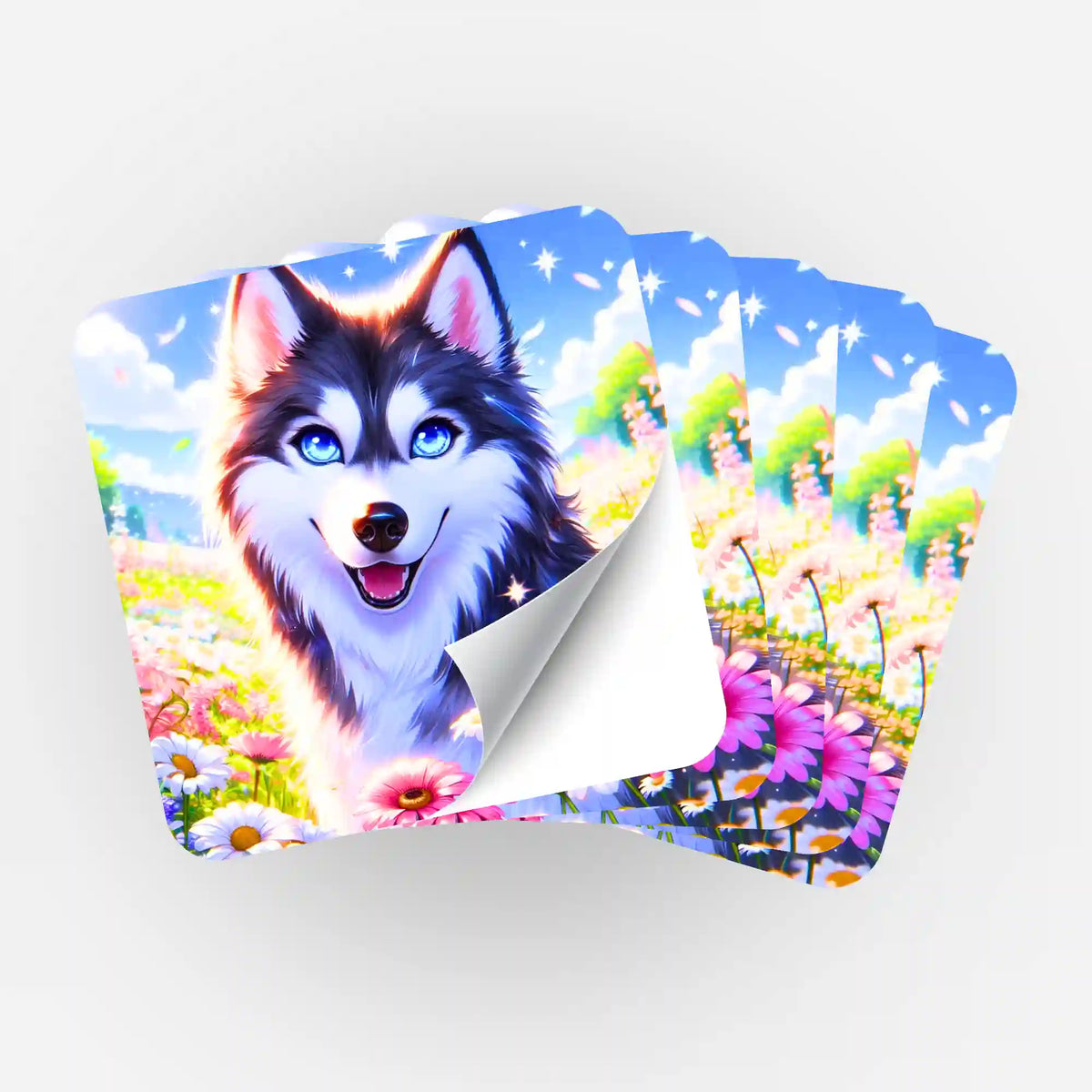 Fächer von 5 Diamond Painting Aufklebern mit Husky-Motiv in bunter Blumenwiese als Zubehör für Malen nach Zahlen Fans