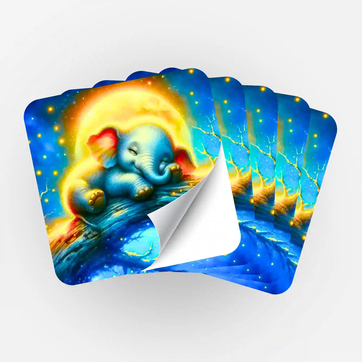 5er-Set Sticker mit schlafendem Elefanten vor Mondschein zur Organisation für Diamond Painting und Bastelbedarf