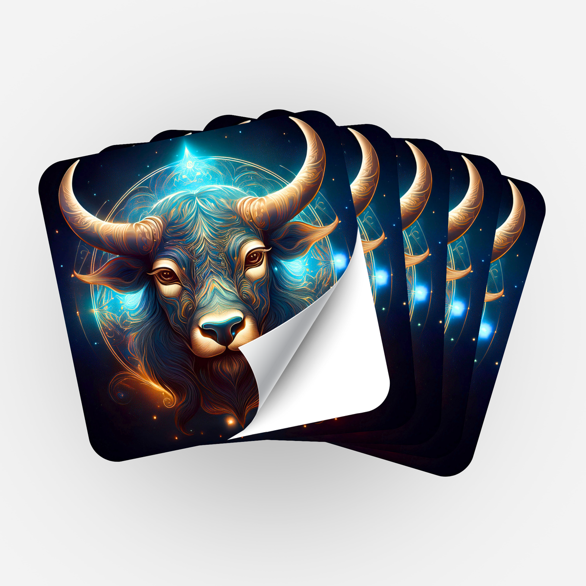 5er-Set Sticker Sternzeichen Stier für Diamond Painting und Bastelbedarf mit goldenem Stier-Motiv auf blauem Hintergrund