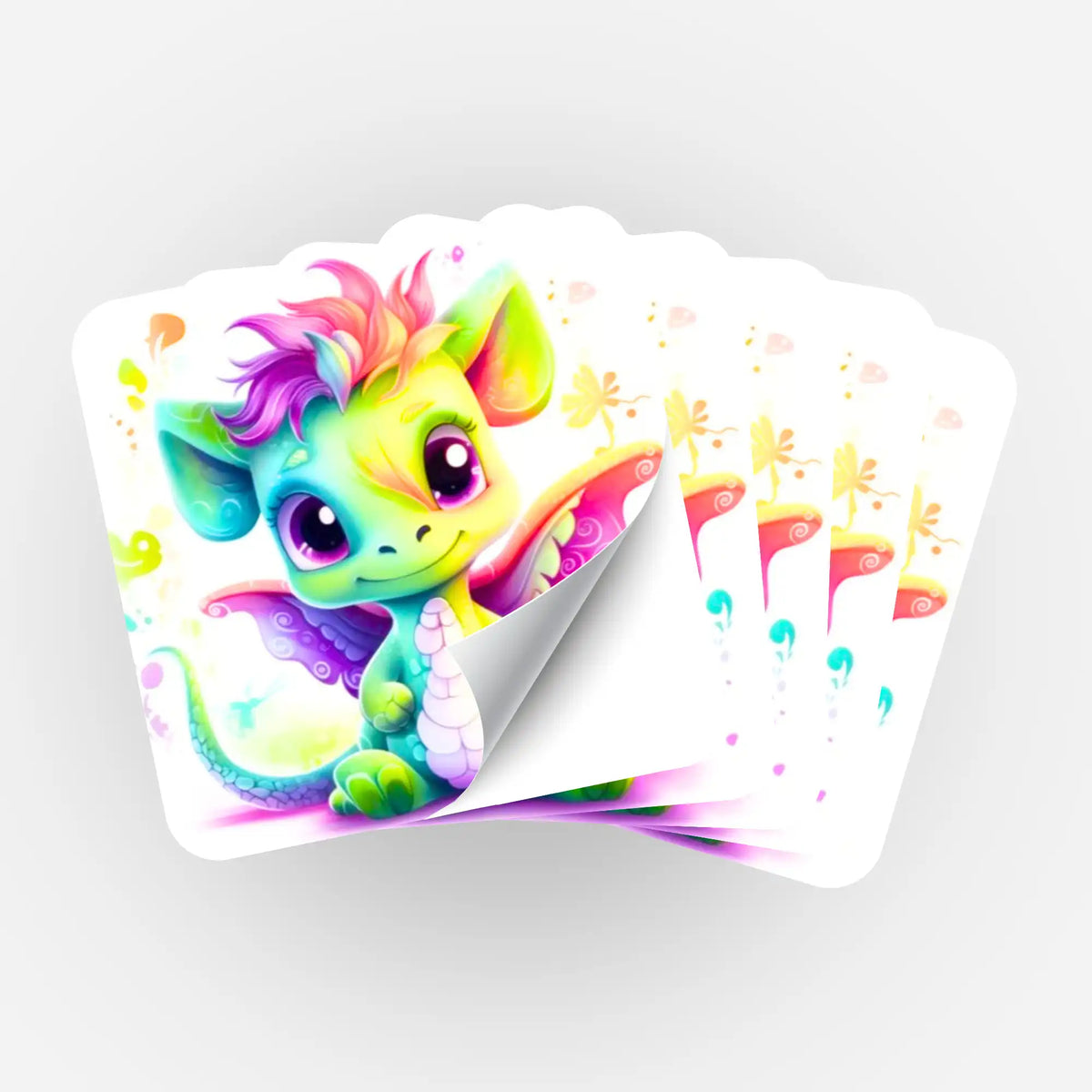 Fächer von 5 Happy Dragon Aufklebern für Diamond Painting Organisation mit buntem Drachen-Motiv