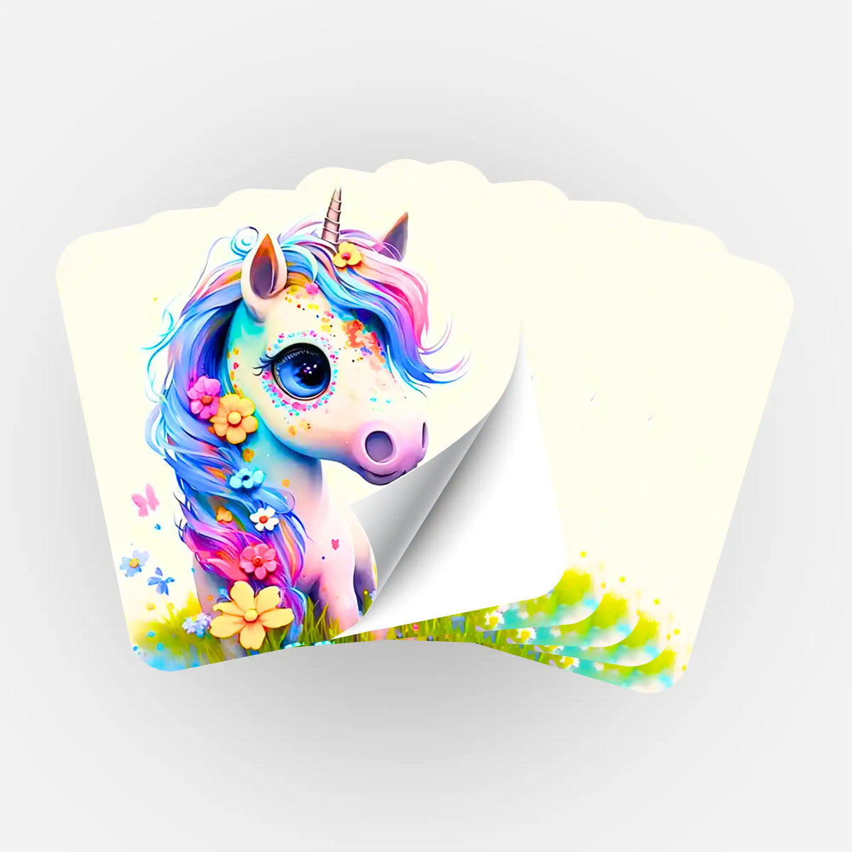5er-Set Einhorn-Aufkleber für Diamond Painting Organisation mit buntem Einhorn-Motiv und Blumen.