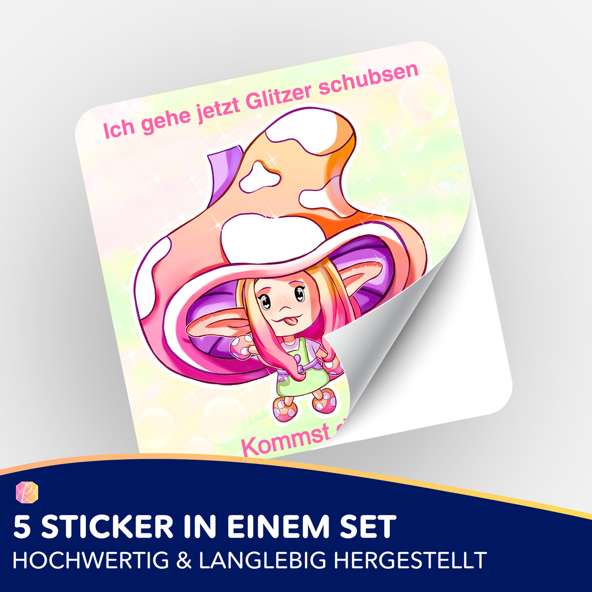 Moni Shroomi Aufkleber-Set für Diamond Painting Zubehör mit süßem Pilz-Charakter und Spruch auf glitzerndem Hintergrund