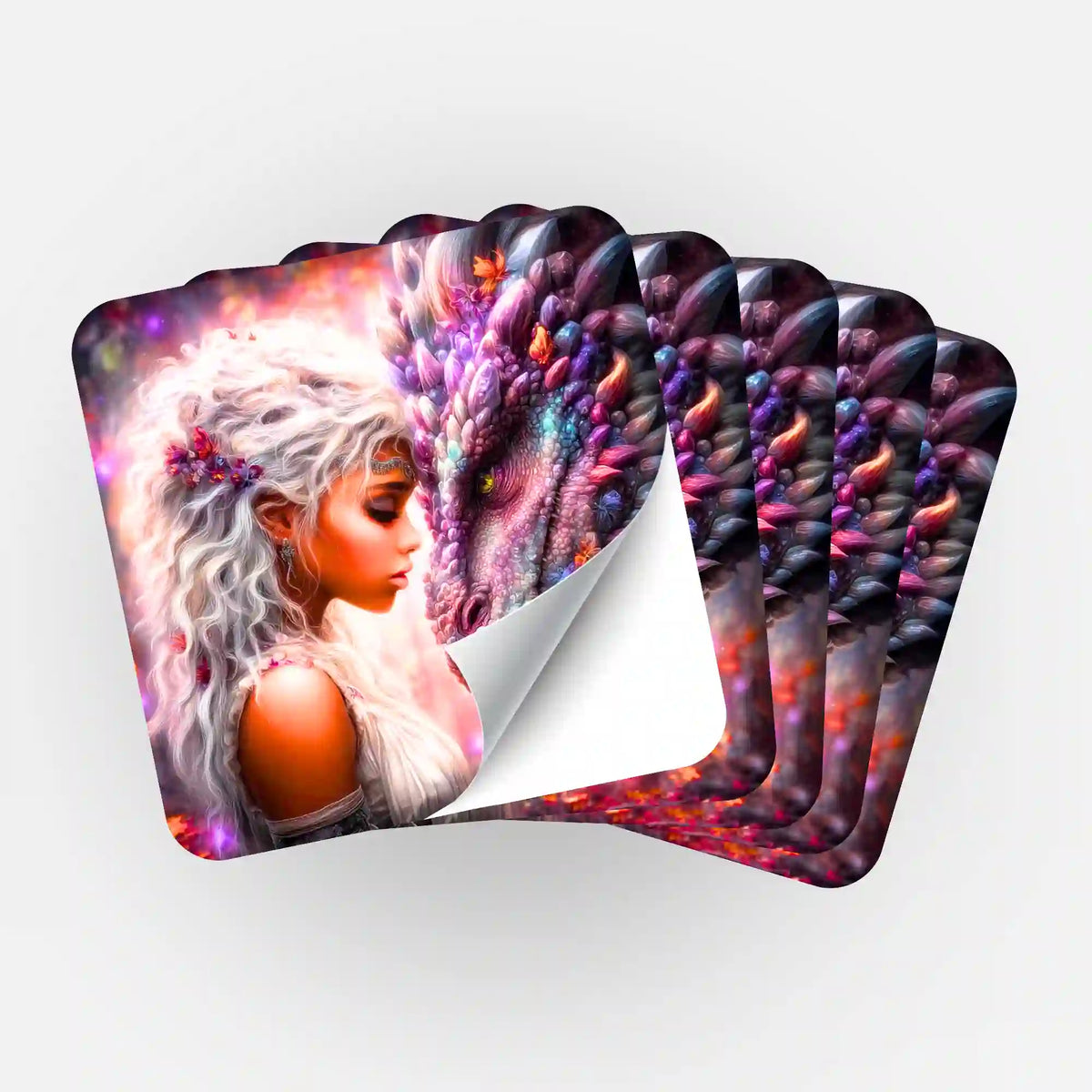 Fünfer-Set Aufkleber Seelenbund mit Fantasy-Motiv Mädchen und Drache zur Organisation von Diamond Painting Zubehör
