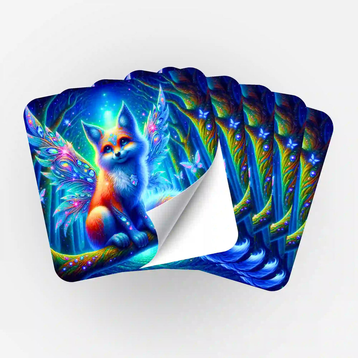 Fünf Fairy Fox of Magic Aufkleber für Diamond Painting Organisation mit märchenhaftem Fuchs-Motiv in bunten Farben