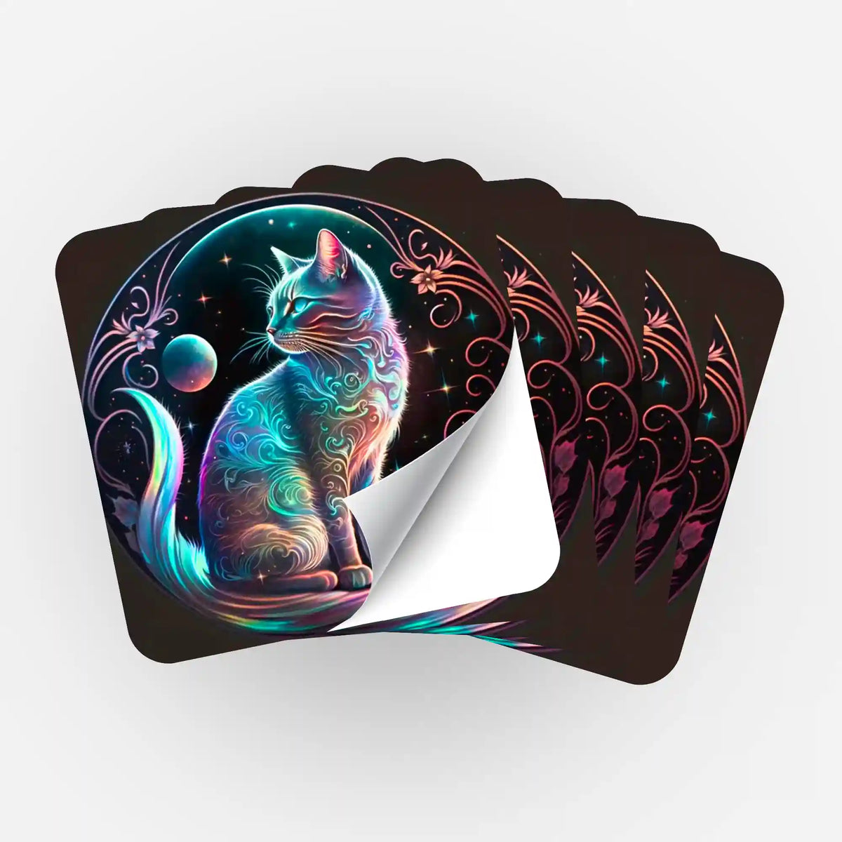 5er-Set Diamond Painting Aufkleber Katze auf dem Mond mit neonfarbenen Ornamenten und Sternenhimmel-Design