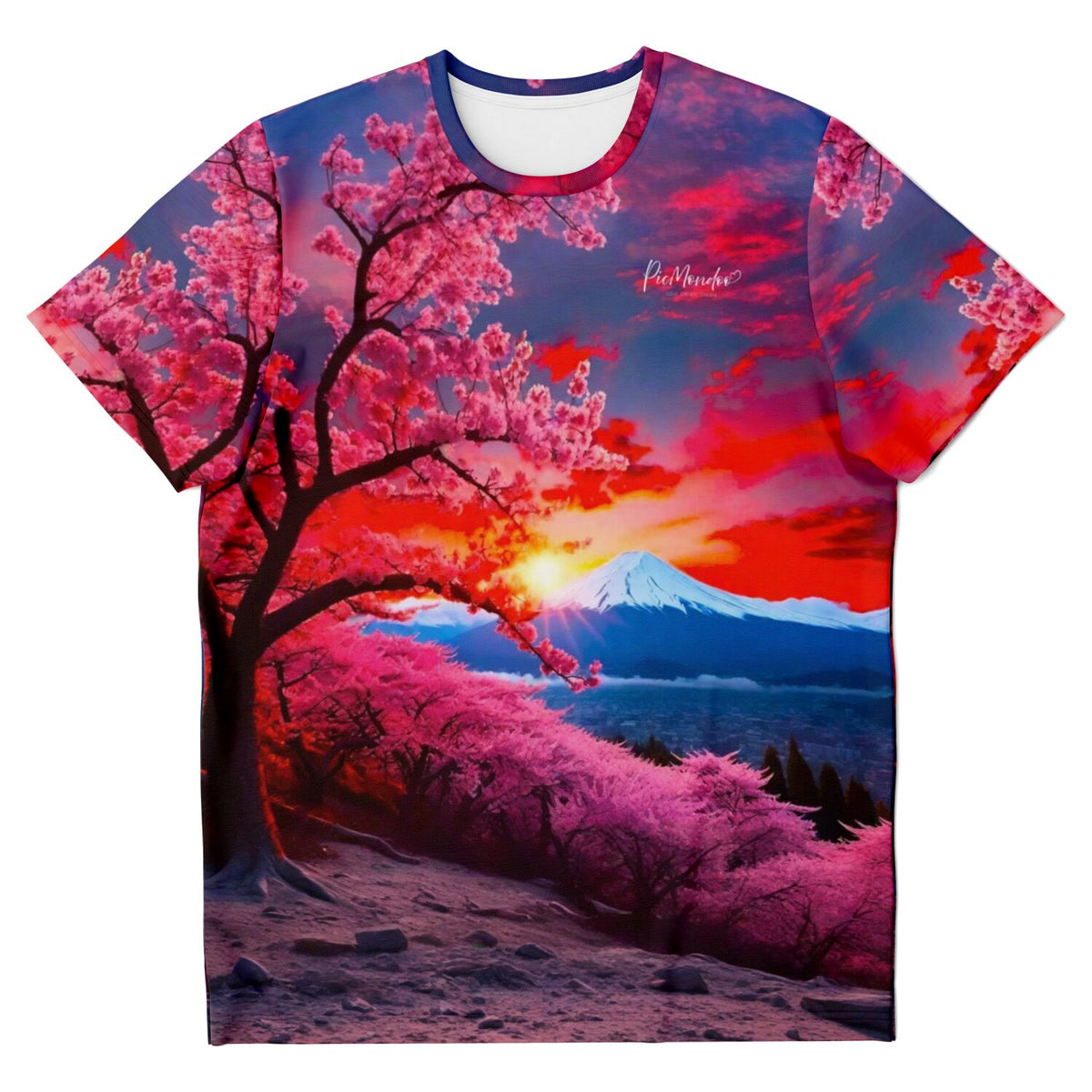 T-Shirt mit Berg der Kirschblüten Motiv, inspiriert von Diamond Painting und Malen nach Zahlen Kunstwerken.