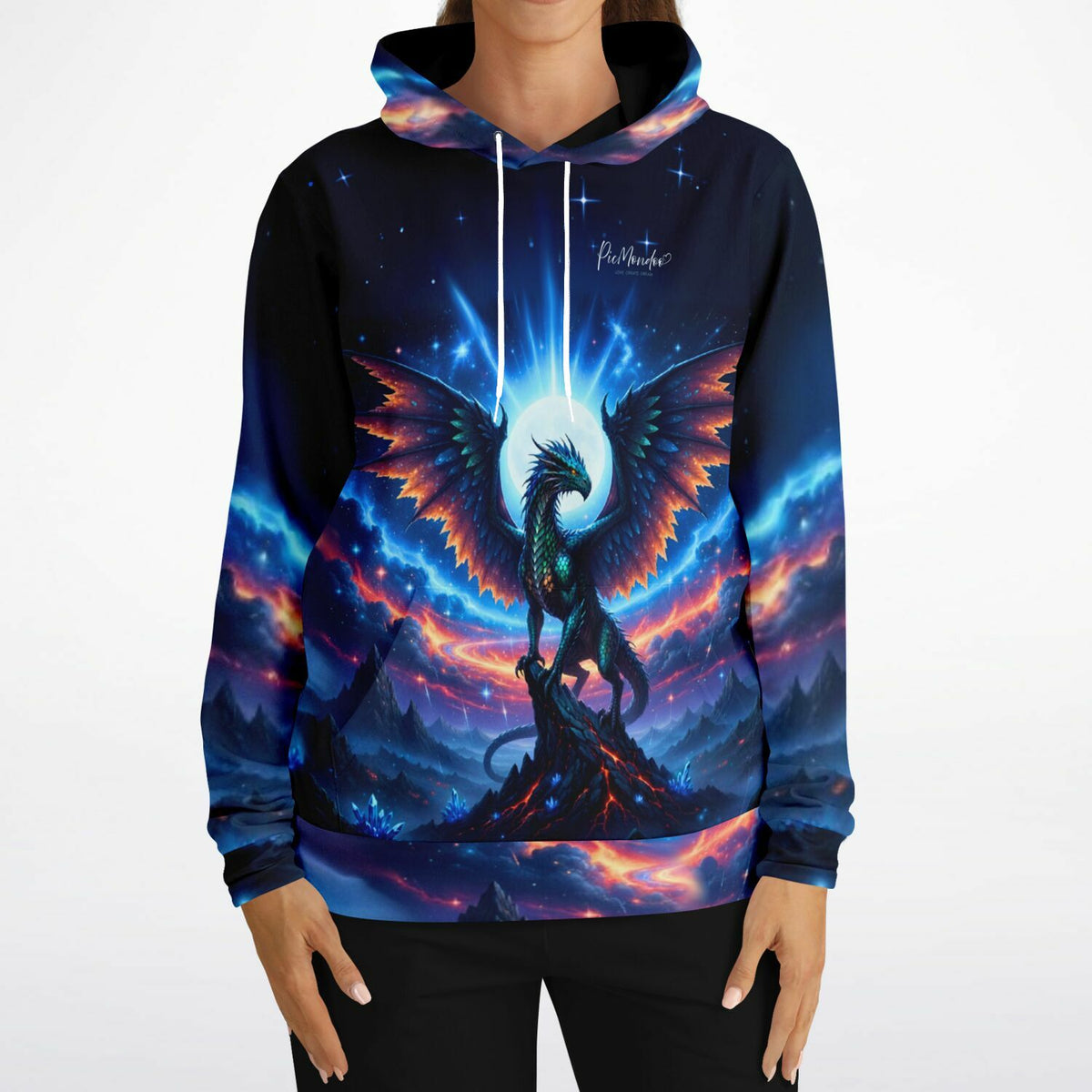 Dreamer Hoodie Aetherion mit Drachen Motiv in leuchtenden Farben, ideal für Diamond Painting Fans als Freizeitmode.