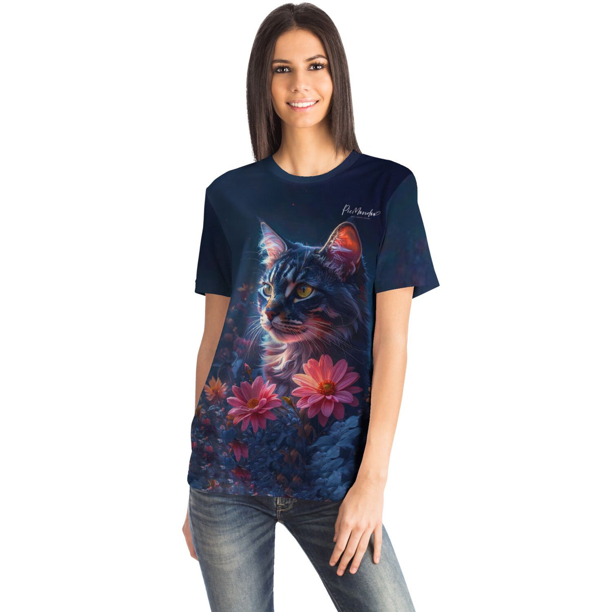 Frau trägt Dreamer T-Shirt Segen der Bastet mit Katzen-Motiv, perfekt für Fans von Diamond Painting und Malen nach Zahlen.