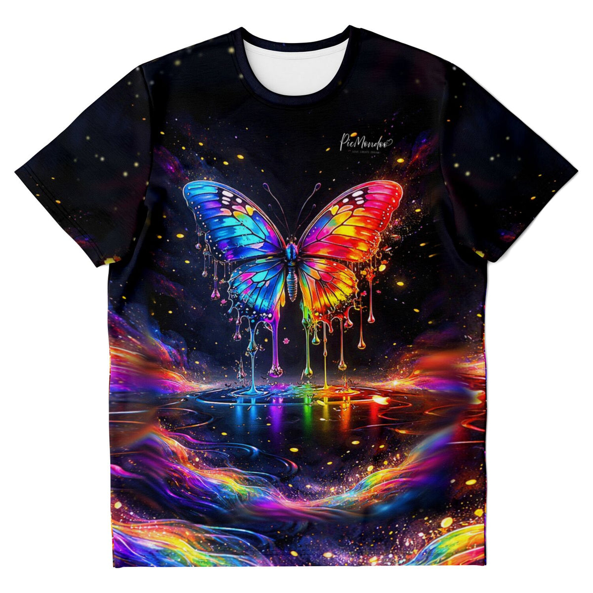 Schwarzes T-Shirt mit buntem Waterdrop Butterfly Motiv im Stil von Diamond Painting Kunstwerken