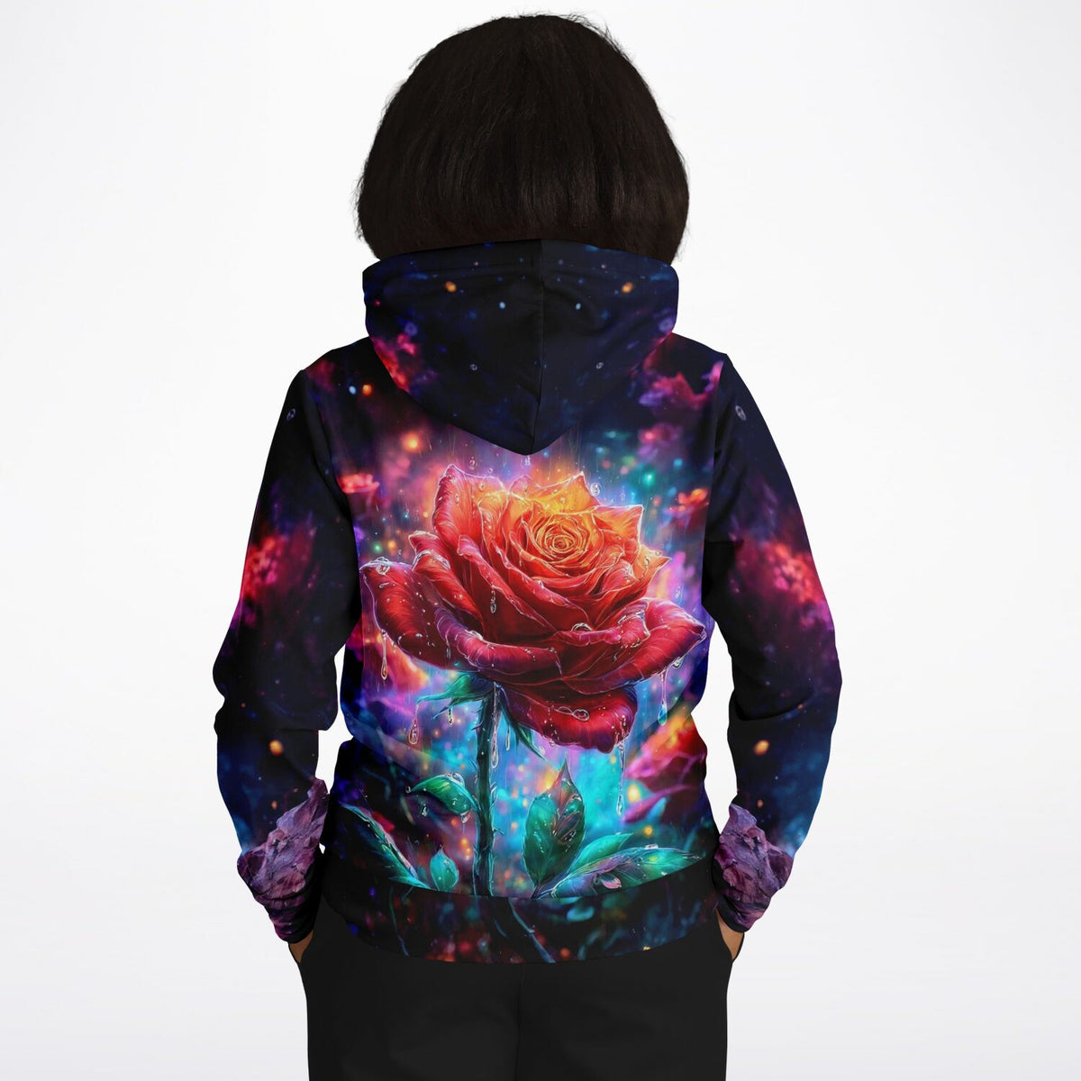 Hoodie mit leuchtendem Rosen-Motiv im Stil von Diamond Painting, perfekt für Fans von Malen nach Zahlen und Kunst.