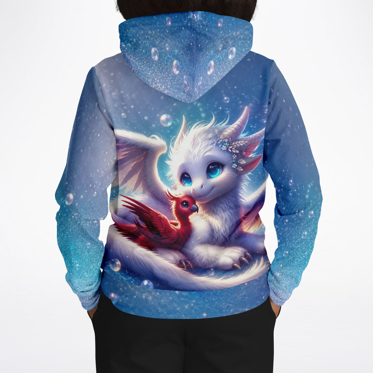 Dreamer Hoodie mit Astra & Fira Drachen-Motiv in blauem Sternenhimmel-Design für Fans von kreativen DIY-Kunstwerken