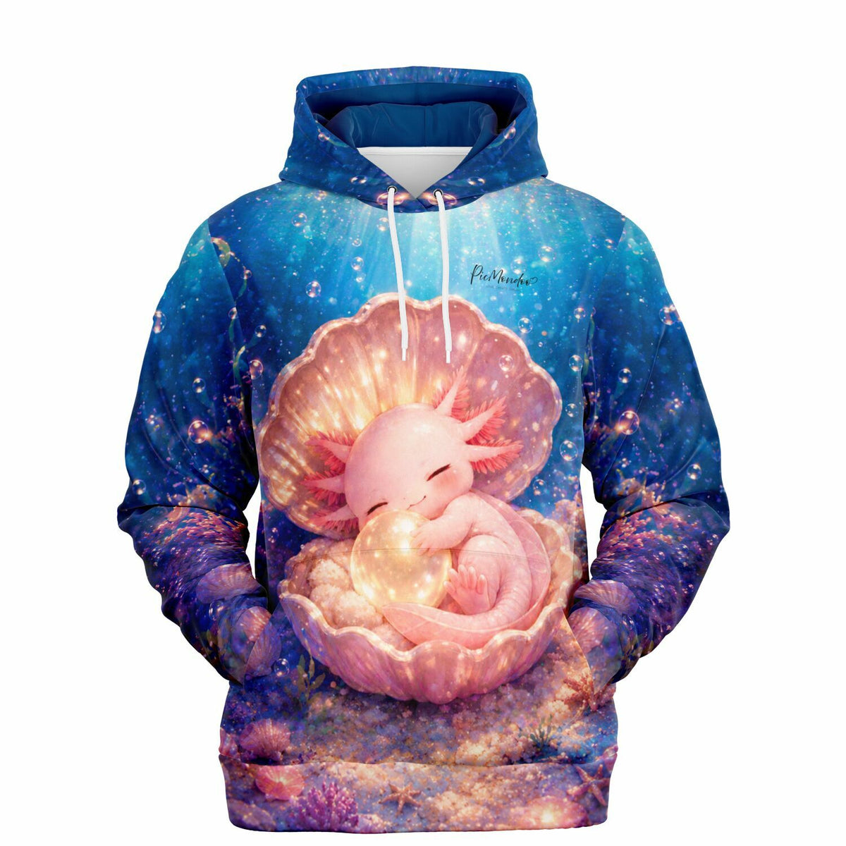 Dreamer Hoodie mit Axolotl-Motiv Little Hugs: Ein süßes Axolotl schläft in einer leuchtenden Muschel