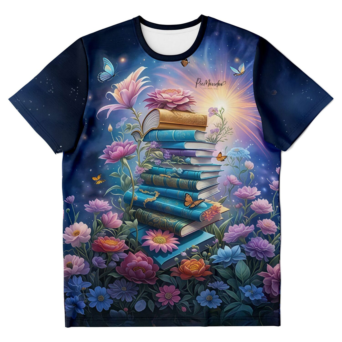 T-Shirt für Book Lovers mit magischem Design: Stapel aus Büchern, bunte Blumen, Schmetterlinge und strahlender Lichtblick.