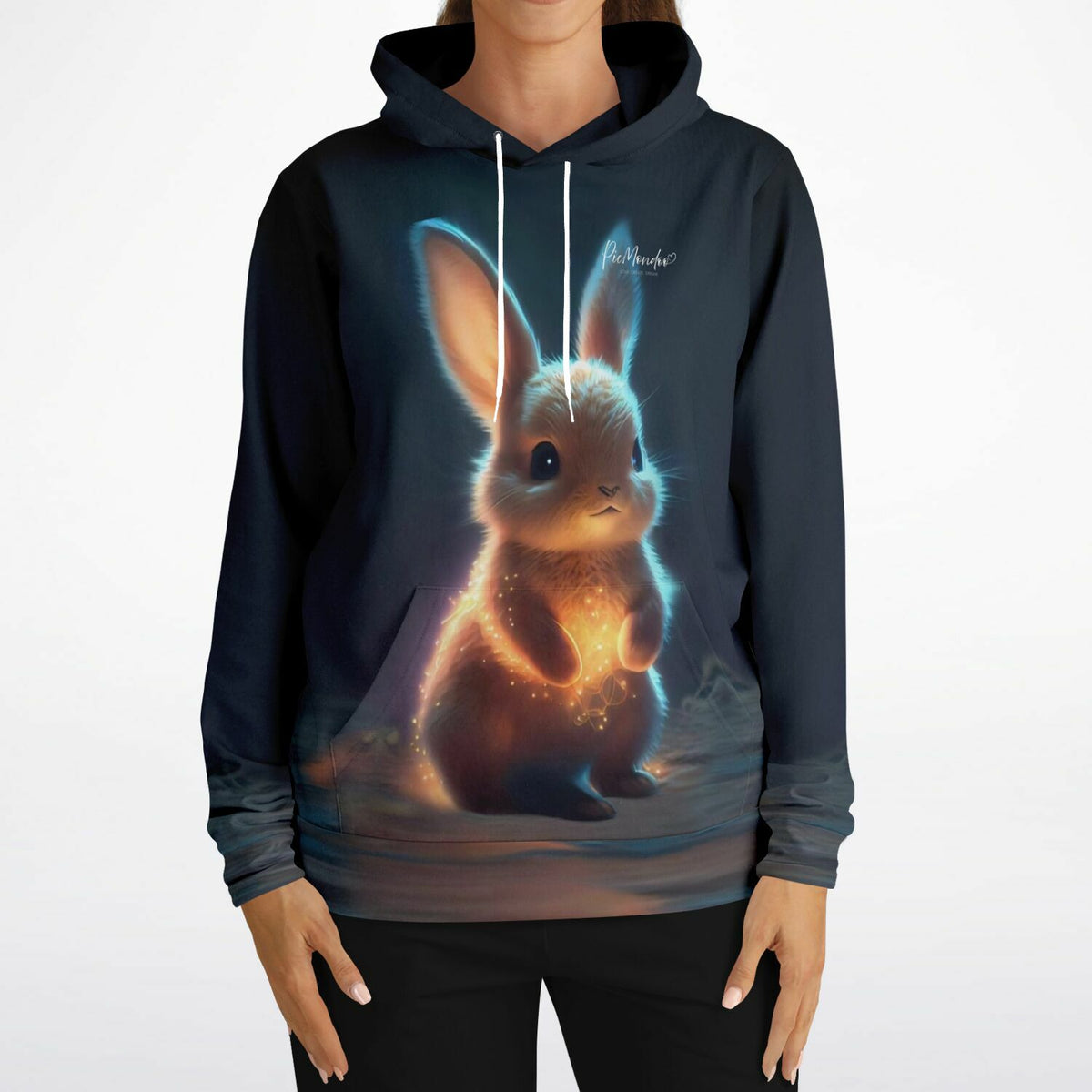 Schwarzer Hoodie mit leuchtendem Funkelhäschen-Print im magischen Design für Fans von Diamond Painting und Kunstmotiven