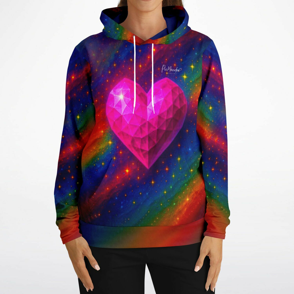 Dreamer Hoodie mit pinkem Herzkristall im galaktischen Design, inspiriert durch Diamond Painting und kreative Kunst.