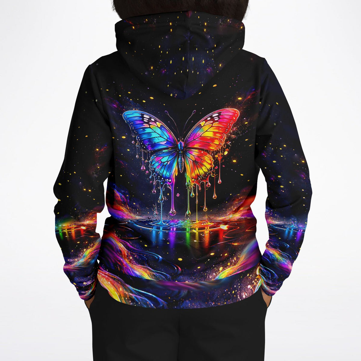 Schwarzer Dreamer Hoodie mit buntem Waterdrop Butterfly Motiv für Fans von Diamond Painting und kreativer Mode